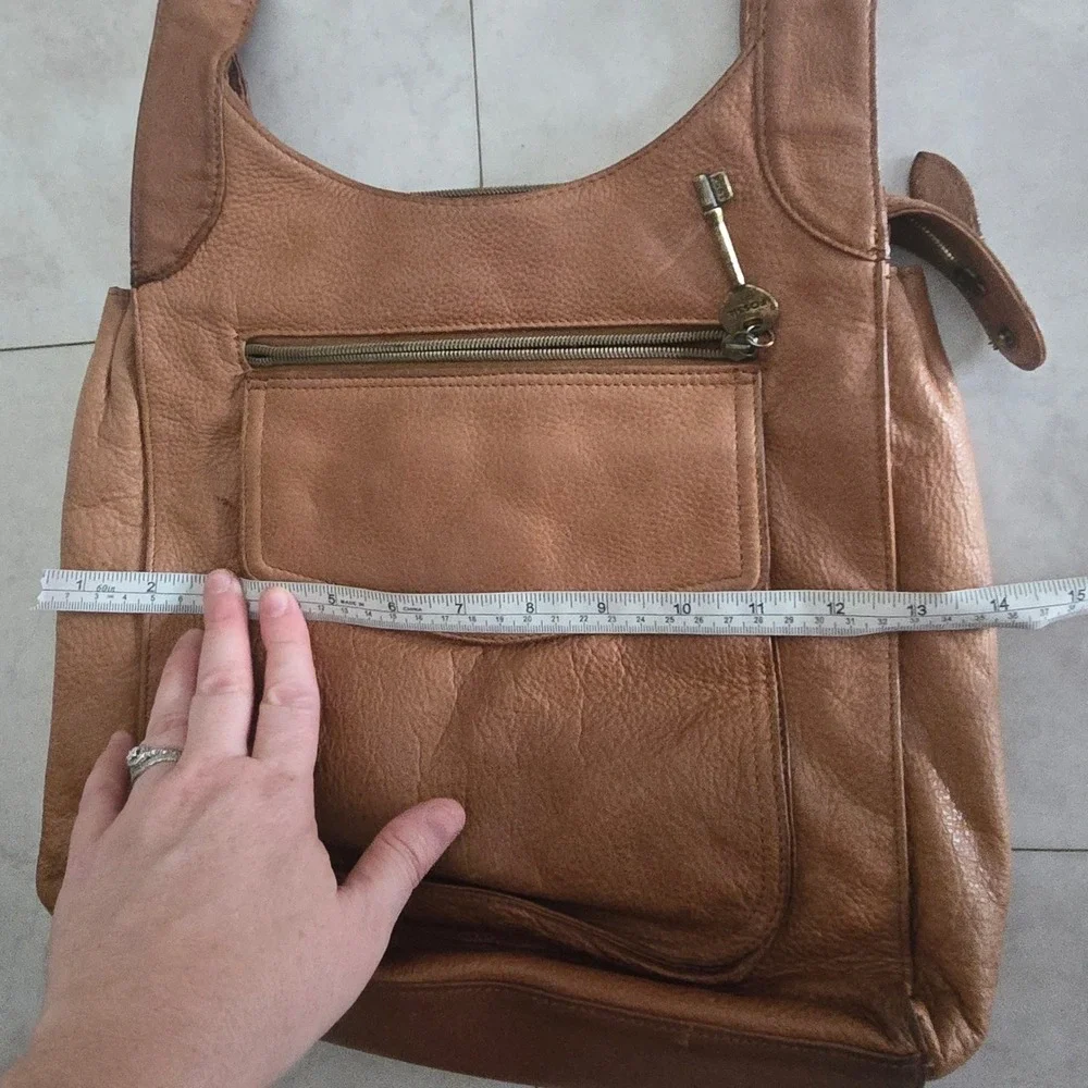 Fossil Brown Pebbled Leather Triple Compartment Shoulder Bag Tote 75082